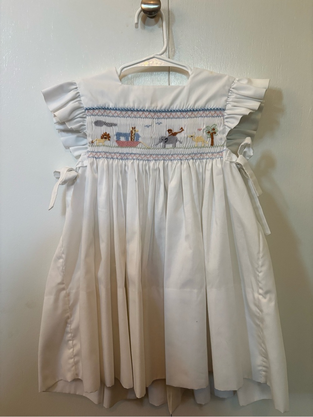 White Smocked Baby Dress with Animal Scene